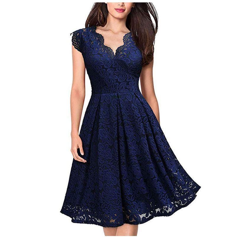 ezy2find dress Navy Blue / S Pure Color Pleated Big Swing Dress Women European And American Women'S Lace Slimming Sleeveless Dress
