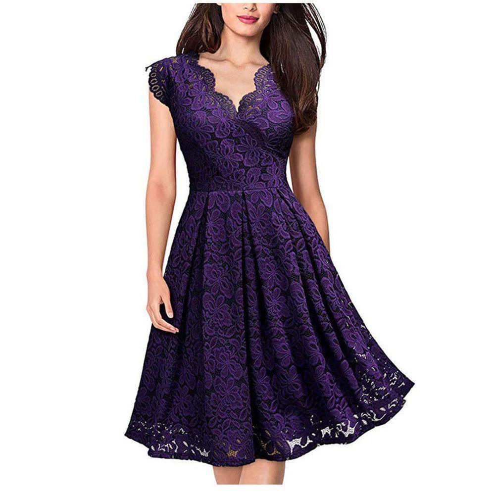 ezy2find dress Purple / S Pure Color Pleated Big Swing Dress Women European And American Women'S Lace Slimming Sleeveless Dress