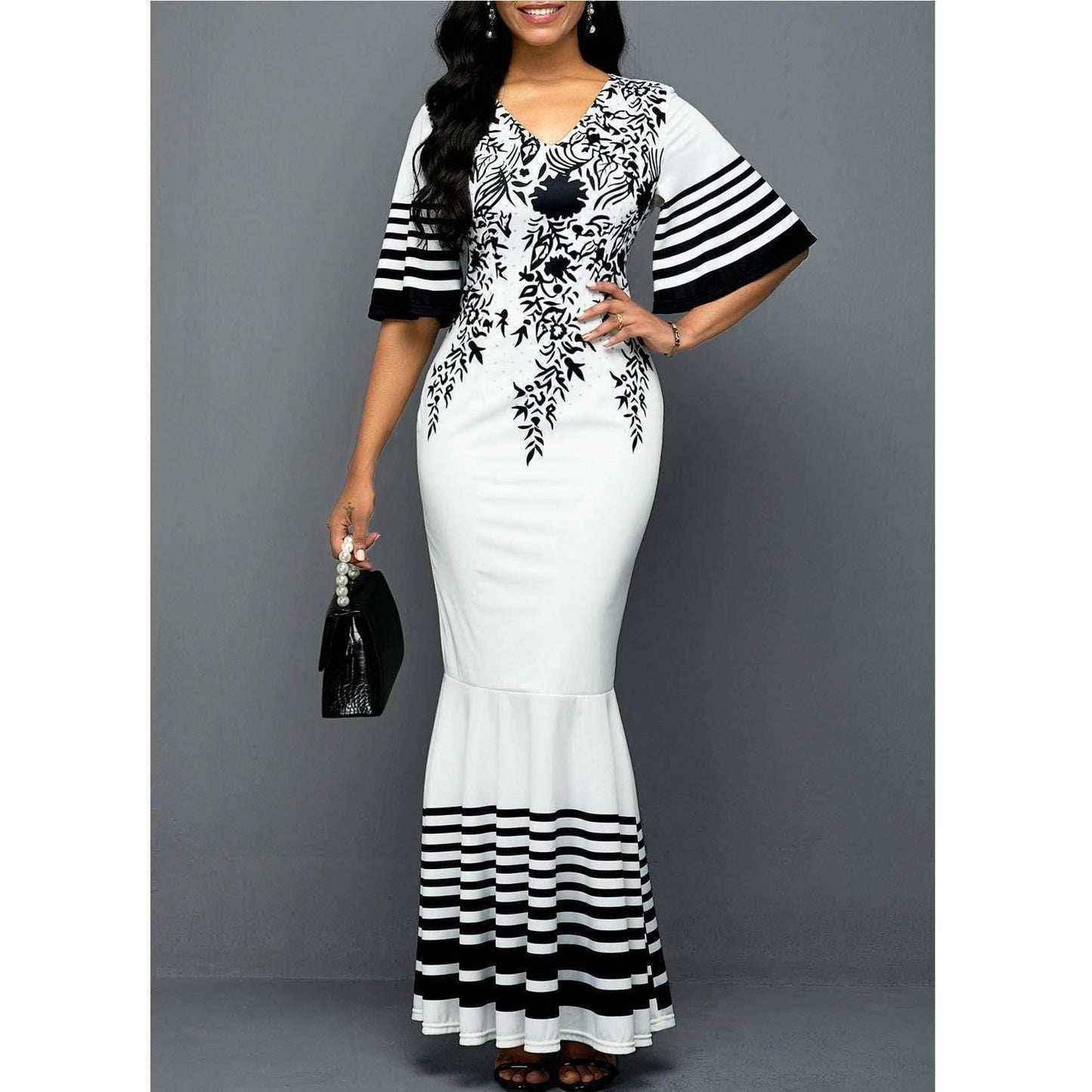 ezy2find dress White / L New Women's High Waist V-neck Print Stitching Package Hip Fishtail Skirt Evening Dress