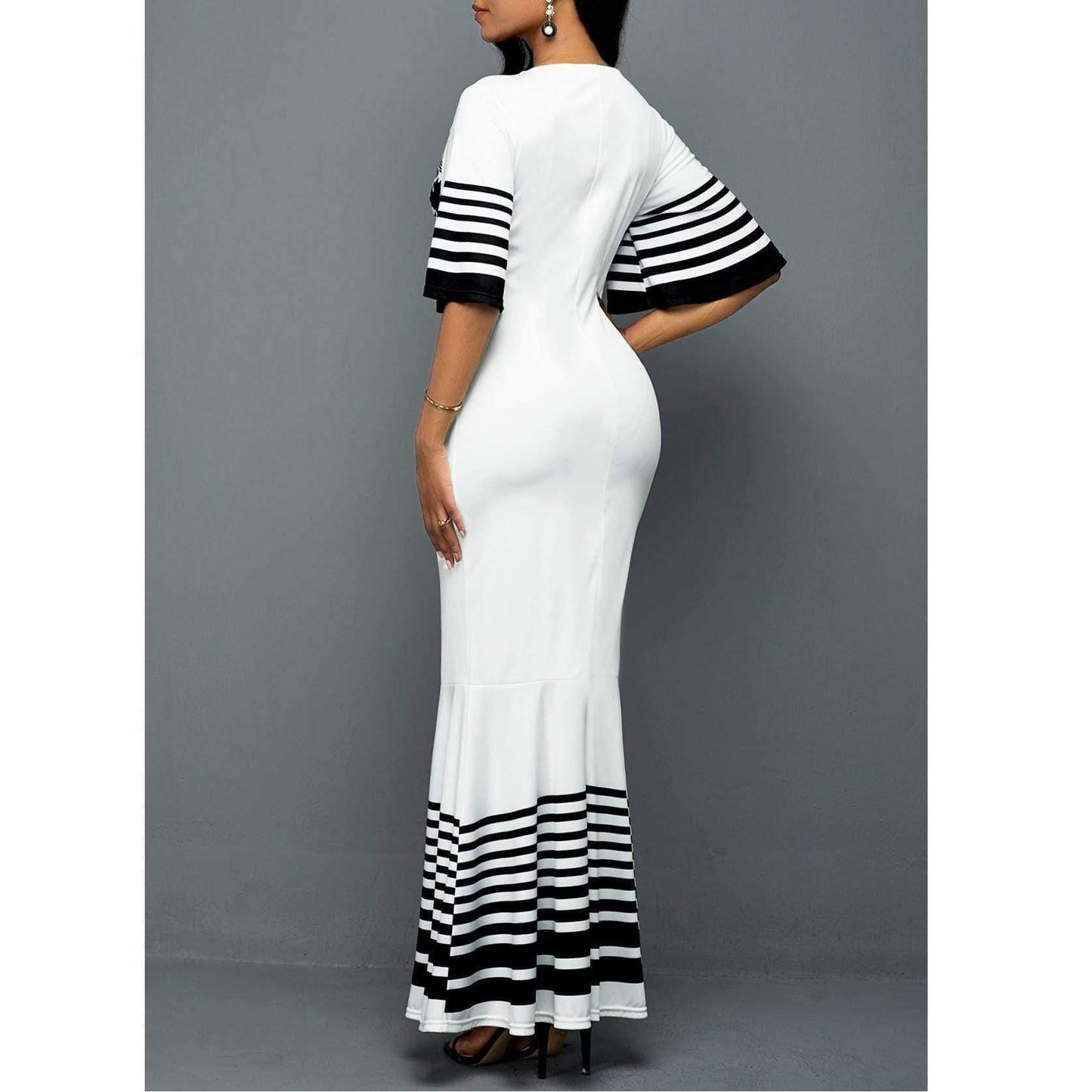 ezy2find dress White / M New Women's High Waist V-neck Print Stitching Package Hip Fishtail Skirt Evening Dress