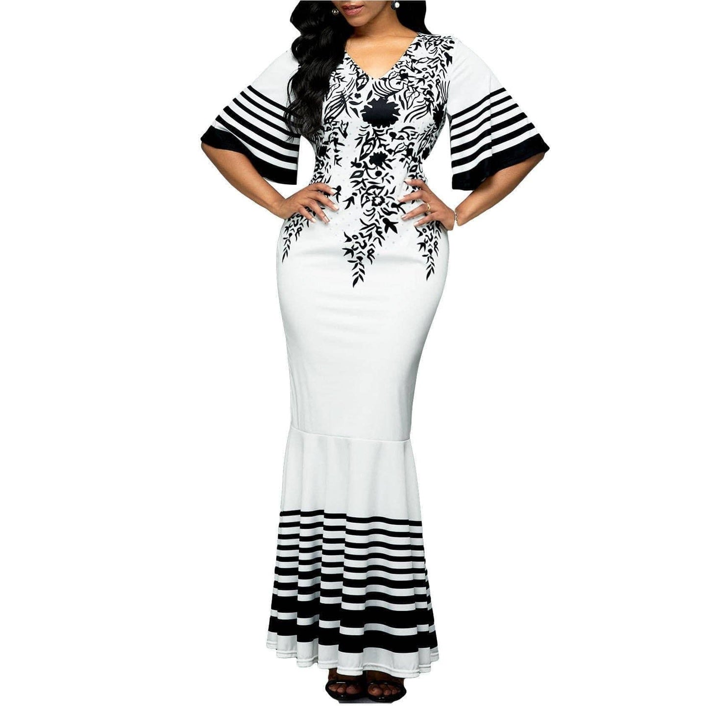 ezy2find dress White / S New Women's High Waist V-neck Print Stitching Package Hip Fishtail Skirt Evening Dress