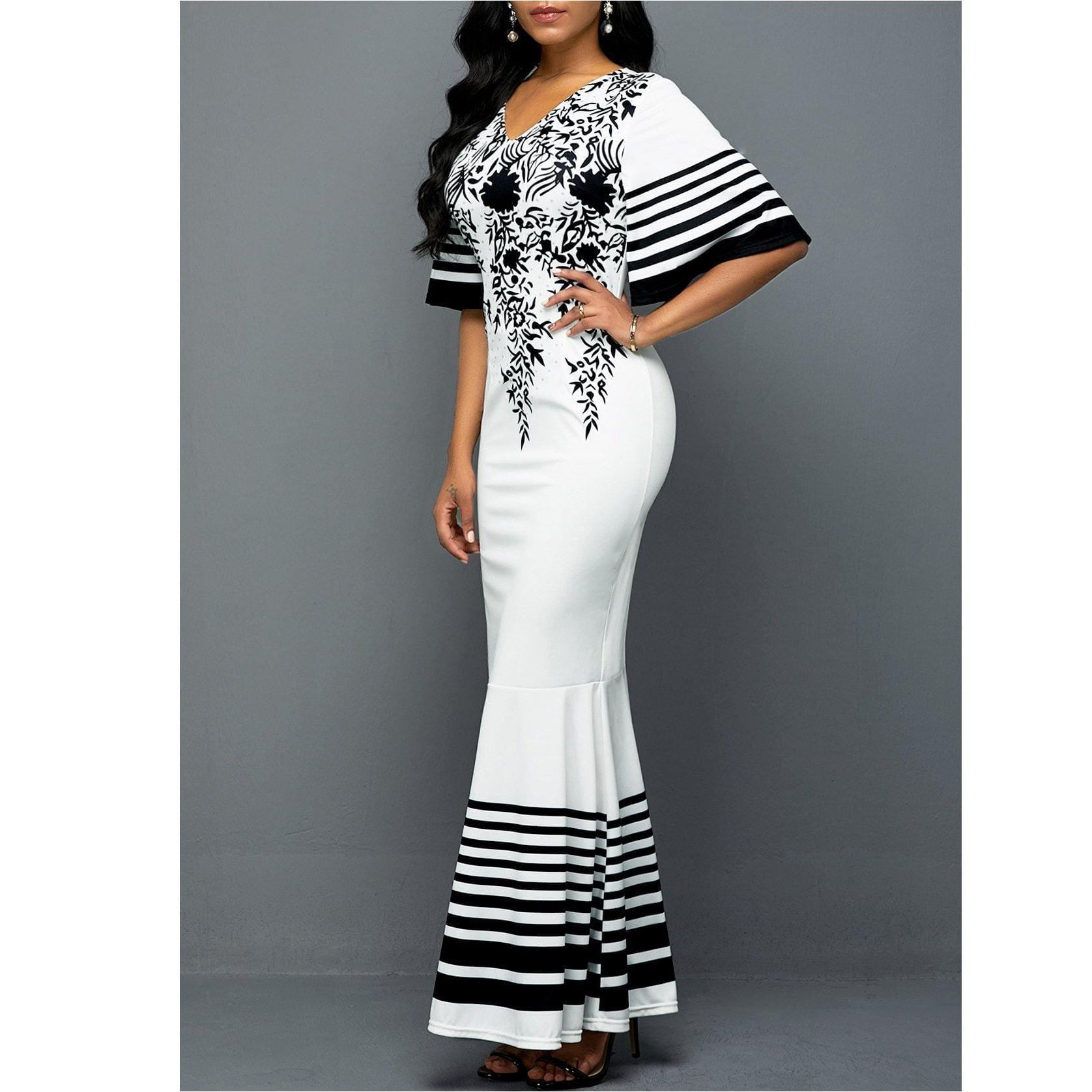 ezy2find dress White / XL New Women's High Waist V-neck Print Stitching Package Hip Fishtail Skirt Evening Dress
