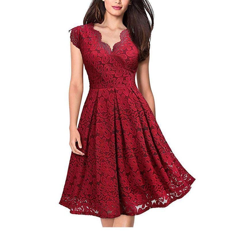 ezy2find dress Wine Red / S Pure Color Pleated Big Swing Dress Women European And American Women'S Lace Slimming Sleeveless Dress