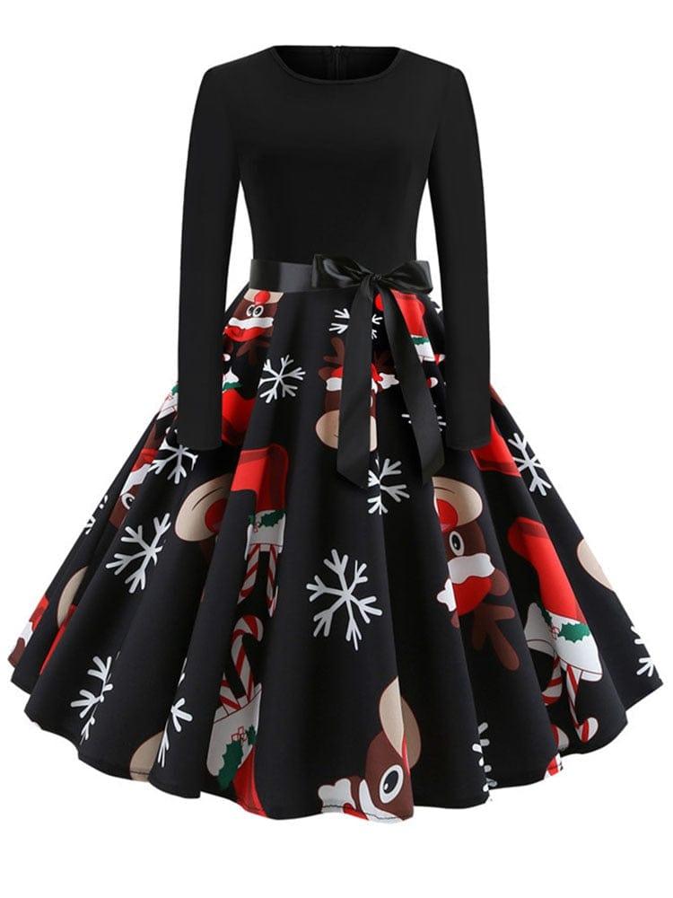 ezy2find dresses 006 / S Winter Christmas Dresses Women 50S 60S Vintage Robe Swing Pinup Elegant Party Dress Long Sleeve Casual Print Black