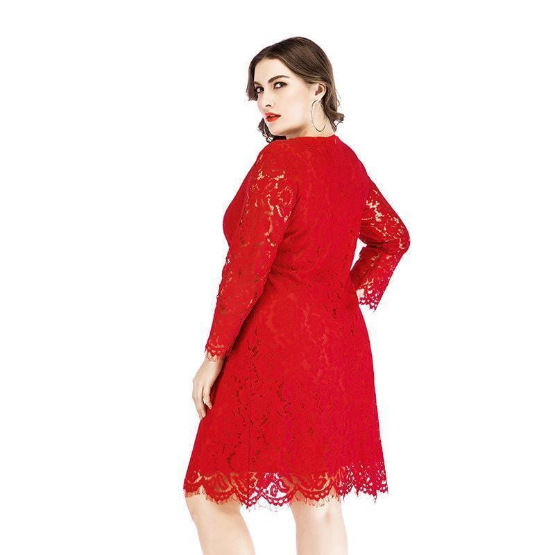 ezy2find dresses big size Red / 2XL Plus Size Women'S Lace Dress wide Waist Slimming Mini Skirt Round Neck Threees-Quarter Sleev