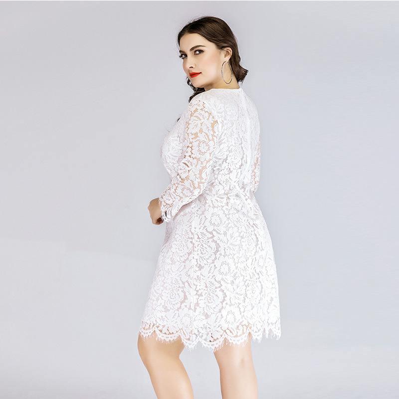 ezy2find dresses big size White / 2XL Plus Size Women'S Lace Dress wide  Waist Slimming Mini Skirt Round Neck Three-Quarter Sleeves