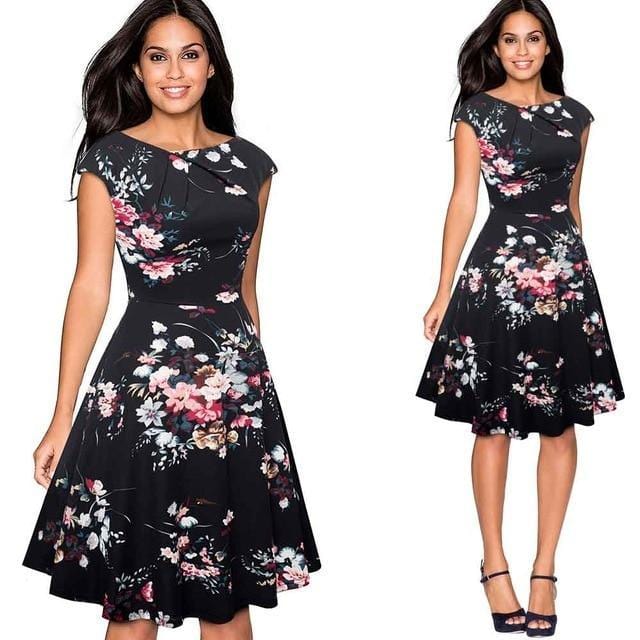 ezy2find dresses Black and floral / L / CHINA Women Elegant Summer Solid Color Ruched Cap Sleeve Casual Wear To Work Office Party Fitted Skater A-Line Swing Dress EA067
