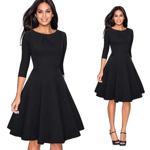 ezy2find dresses Black Long Sleeve / L / CHINA Women Elegant Summer Solid Color Ruched Cap Sleeve Casual Wear To Work Office Party Fitted Skater A-Line Swing Dress EA067