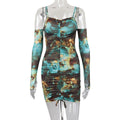ezy2find dresses Blue / M Printed Halterneck Off-Shoulder Pleated Hip Dress