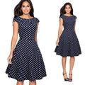 ezy2find dresses Dark Blue And Dots / L / CHINA Women Elegant Summer Solid Color Ruched Cap Sleeve Casual Wear To Work Office Party Fitted Skater A-Line Swing Dress EA067