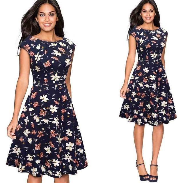 ezy2find dresses Navy n Yellow floral / L / CHINA Women Elegant Summer Solid Color Ruched Cap Sleeve Casual Wear To Work Office Party Fitted Skater A-Line Swing Dress EA067