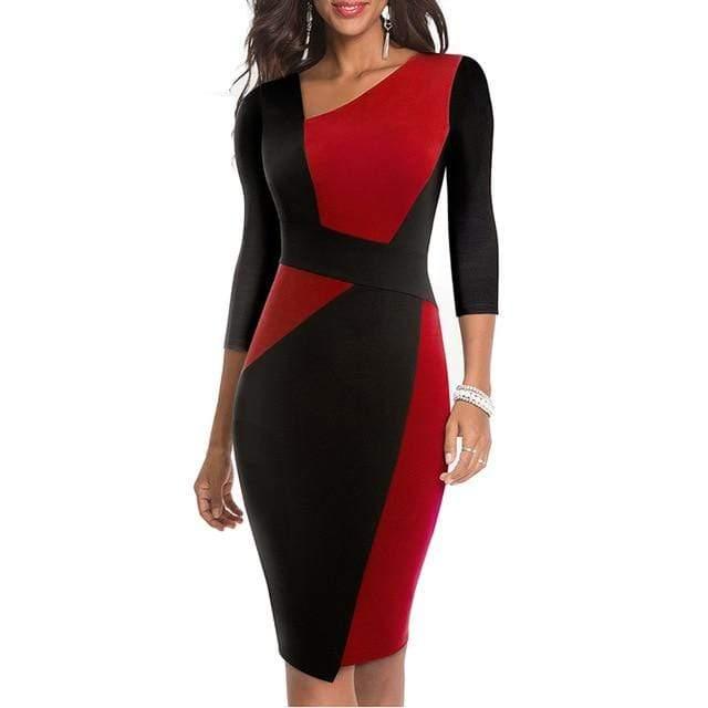 ezy2find dresses Red long sleeve / L Vintage Women Patchwork Asymmetrical Collar Dress Elegant Casual Work Office Sheath Slim Dress EB517
