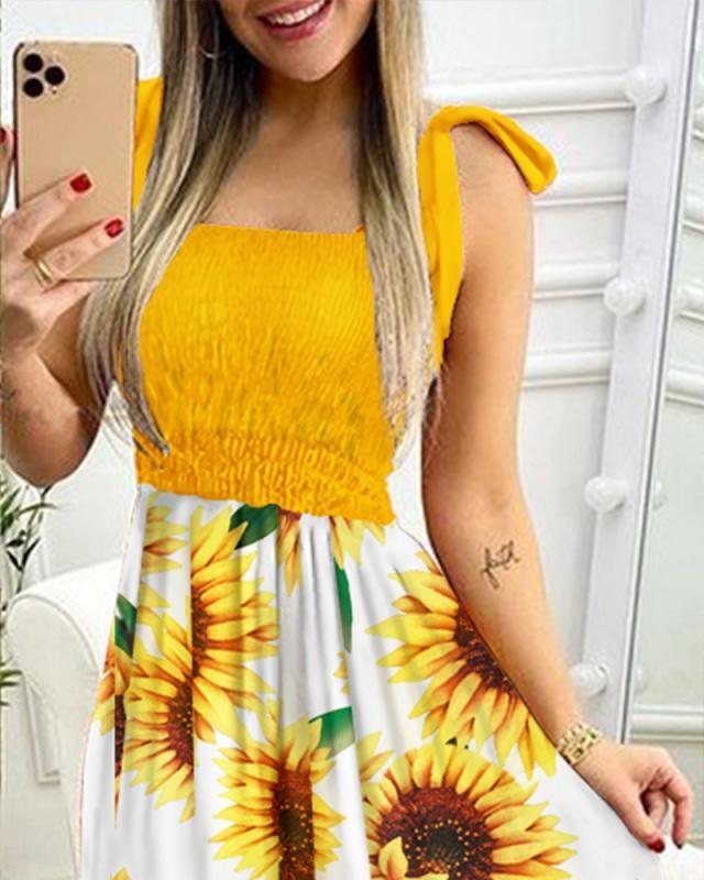 ezy2find dresses Yellow / M Sling Stitching Print Irregular Tube Top Dress
