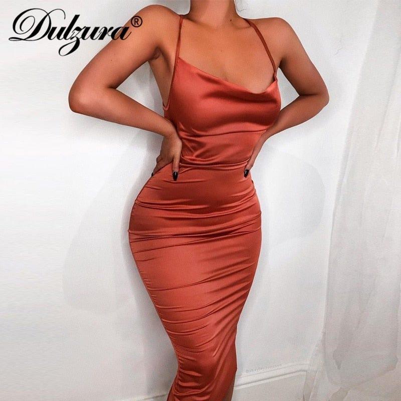ezy2find Dulzura neon satin lace up 2022 summer women bodycon long midi dress sleeveless backless elegant party outfits sexy club clothes