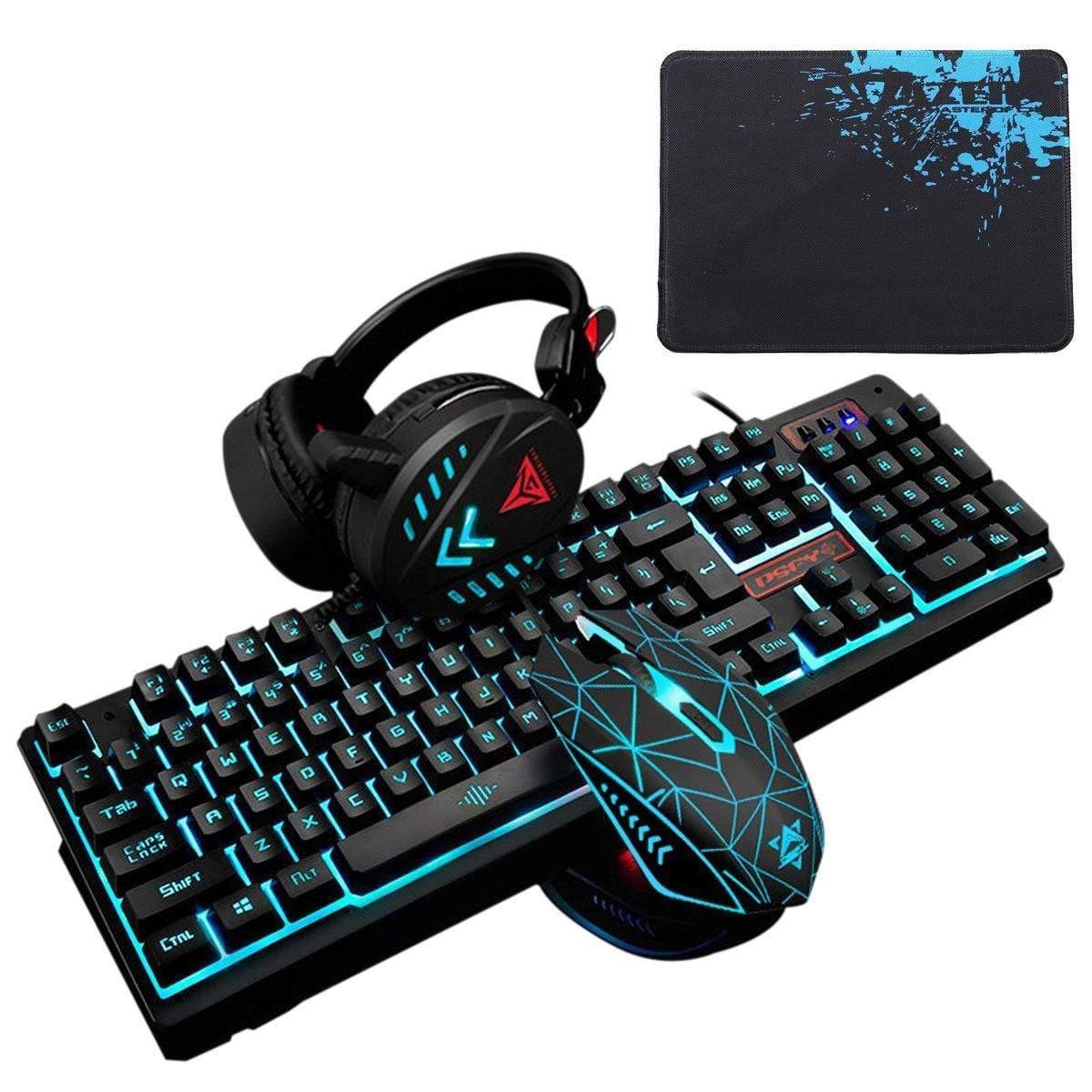 ezy2find Gaming Mouse Sets with Mouse Pad Black & Light Blue 104Key Waterproof design USB Wired Multimedia RGB Backlit Mechanical Gaming Keyboard and LED Gaming Headphone and 3200DPI LED Gaming Mouse Sets with Mouse Pad