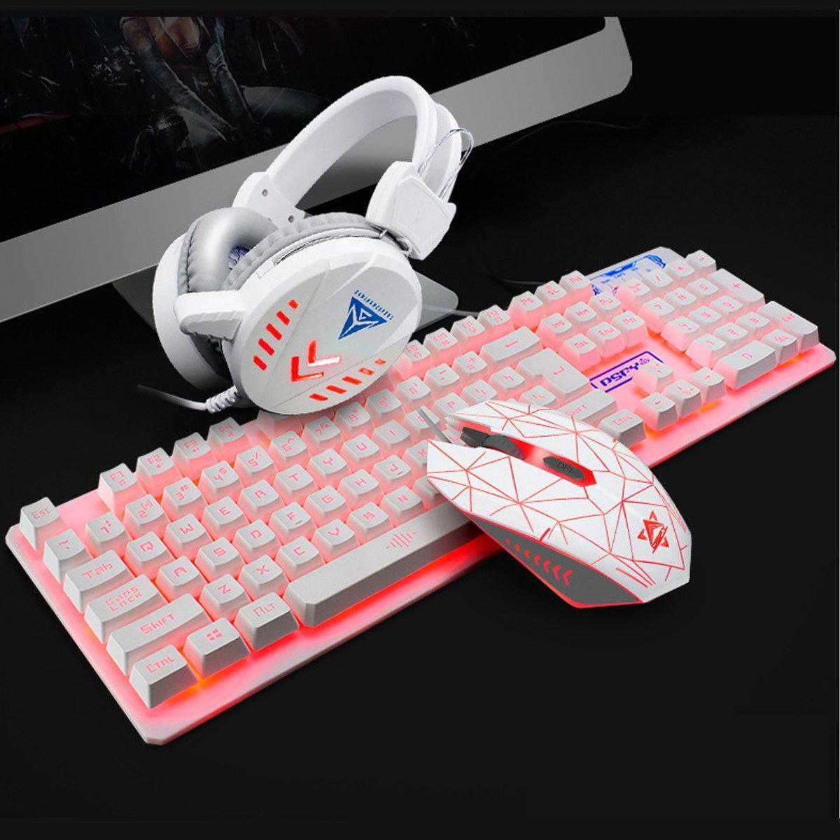 ezy2find Gaming Mouse Sets with Mouse Pad W 104Key Waterproof design USB Wired Multimedia RGB Backlit Mechanical Gaming Keyboard and LED Gaming Headphone and 3200DPI LED Gaming Mouse Sets with Mouse Pad