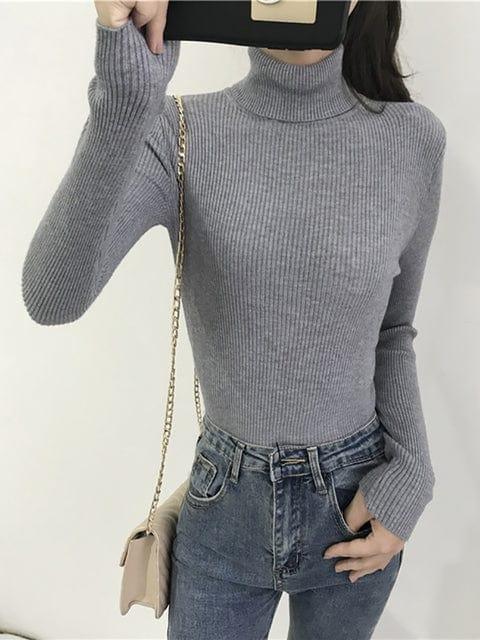 ezy2find Gray / One Size 2022 Autumn Winter Thick Sweater Women Knitted Ribbed Pullover Sweater Long Sleeve Turtleneck Slim Jumper Soft Warm Pull Femme