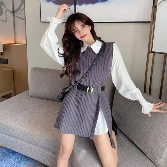 ezy2find Grey Sets / S Long lantern sleeve shirt women knitted vest 2 two piece set 2022 spring autumn womens Shirts sets Sleeveless Sweater tops