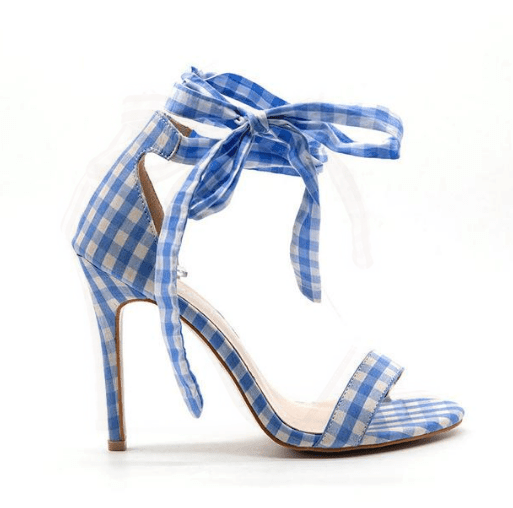 ezy2find high heal Blue / 37 Europe and the United States plaid  toe high-heeled ankle straps with large bow sandals