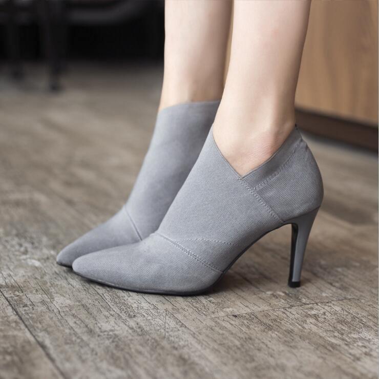 ezy2find high heal Gray / 41 Women Shoes Slip-On Retro High Heel Ankle Boot Elegant Cusp England Casual Short Boots Female Pointed Toe Stiletto Shoes