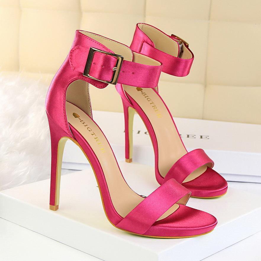 ezy2find high heal Rose red / 35 Satin sexy stiletto platform high heels with buckled sandals