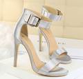 ezy2find high heal silvery / 34 Satin sexy stiletto platform high heels with buckled sandals