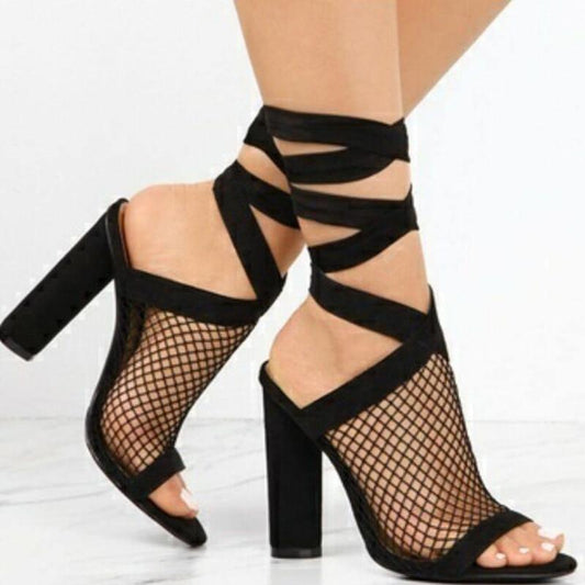 ezy2find high-heeled shoes Black / 34 Women Sandals Bandage Flock Cross Strap Lace Up High Heels Sandal Femme Fashion Pump Summer Shoes