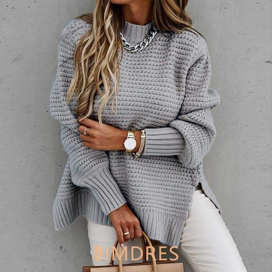 ezy2find kimdres autumn/winter new semi-high collar loose solid color long sleeve thick needle side slit knit sweater for women