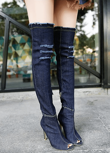 ezy2find Knee Boots Dark blue / 41 Fish mouth cow carefully followed by knee boots, stovepipe stretch boots