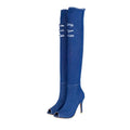ezy2find Knee Boots Navy Blue / 40 Fish mouth cow carefully followed by knee boots, stovepipe stretch boots
