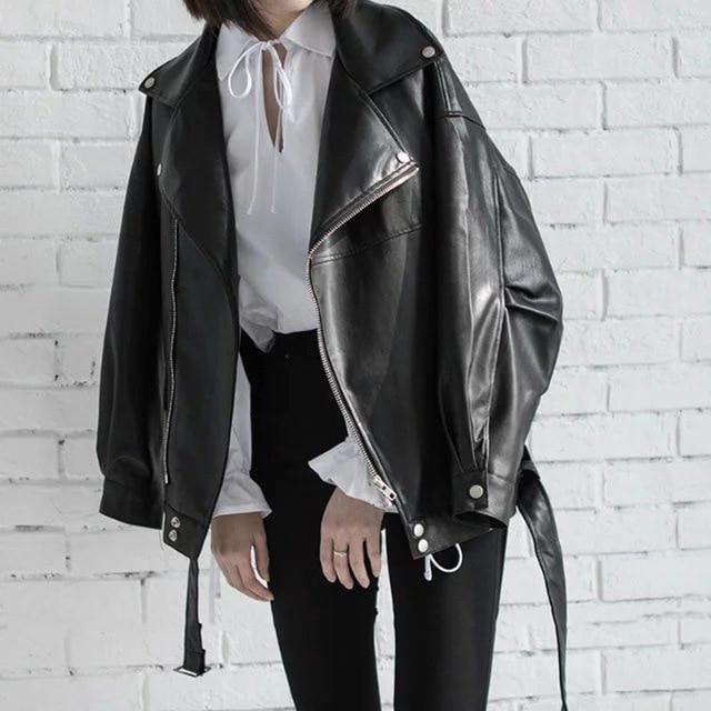 ezy2find leather jacket black / L High Quality 2020 Spring Black PU  leathar Zipper Fashion New Wom Leather Loose Turn-down Collen's Wild Jacket LA938
