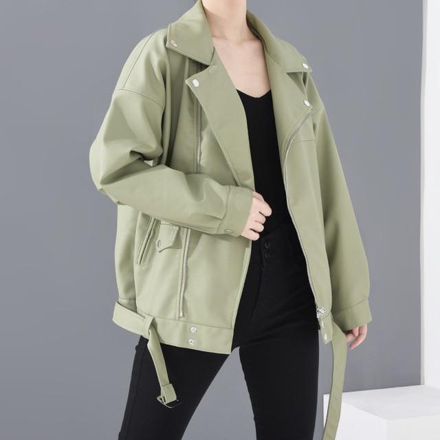 ezy2find leather jacket green / L High Quality 2020 Spring Black PU  leathar Zipper Fashion New Wom Leather Loose Turn-down Collen's Wild Jacket LA938
