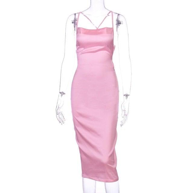 ezy2find Light pink / S Dulzura neon satin lace up 2022 summer women bodycon long midi dress sleeveless backless elegant party outfits sexy club clothes