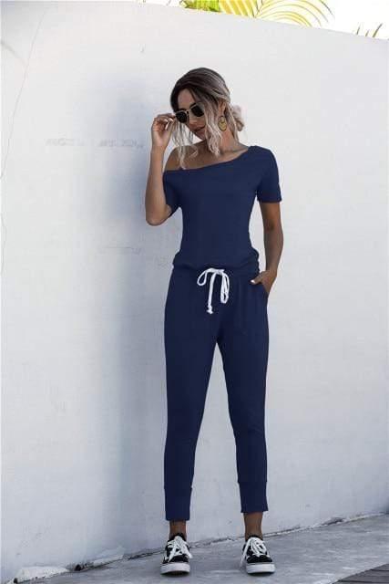 ezy2find M / Dark Blue Fashion Women Summer Solid Color Jumpsuits Drawstring Design Pockets Decor Oblique Collar Short Sleeve Mid Waist Slim Jumpsuits
