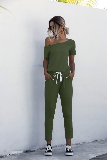 ezy2find M / Green Fashion Women Summer Solid Color Jumpsuits Drawstring Design Pockets Decor Oblique Collar Short Sleeve Mid Waist Slim Jumpsuits