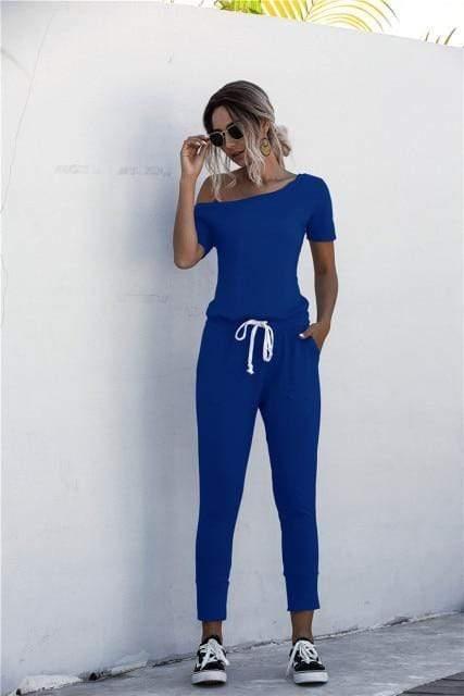 ezy2find M / Royal Blue Fashion Women Summer Solid Color Jumpsuits Drawstring Design Pockets Decor Oblique Collar Short Sleeve Mid Waist Slim Jumpsuits