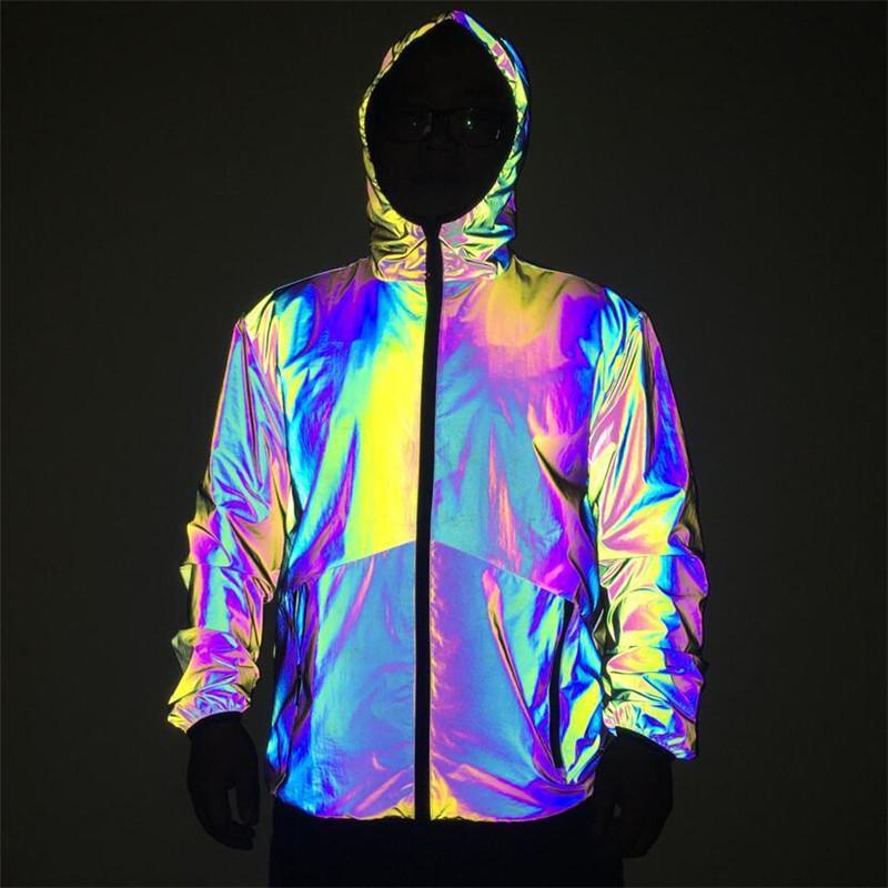 ezy2find Man's Jacket Men Reflective Hooded Jacket Casual Night Colorful Windbreaker Man Hip-hop Coats
