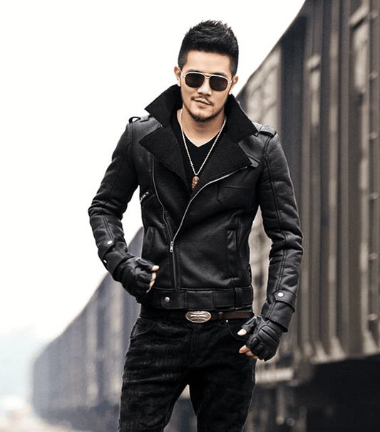 ezy2find men's leather jackets Black / L Winter thickened faux fur one jacket suede imitation lamb hair male slim motorcycle leather jacket F1056