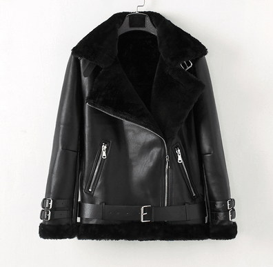 ezy2find men's leather jackets Black leather + black hair / XL Men's motorcycle clothing lambskin bomber jacket plus velvet thick leather