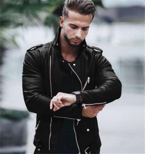 ezy2find men's leather jackets Black / M Fashion Slim Thin High Collar Stitching Motorcycle Leather Jacket