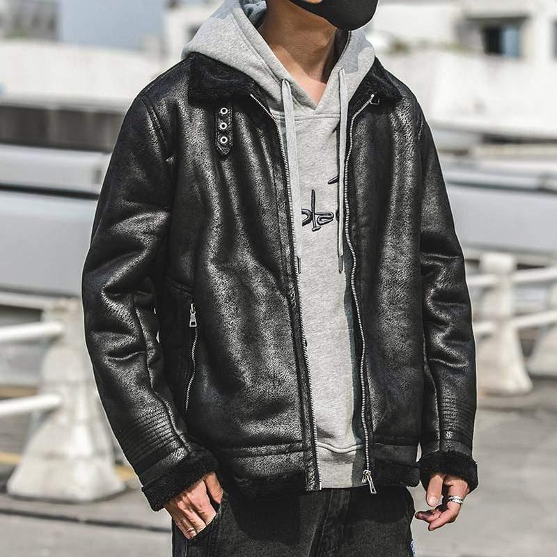 ezy2find men's leather jackets Black / XL Lamb fur collar leather jacket