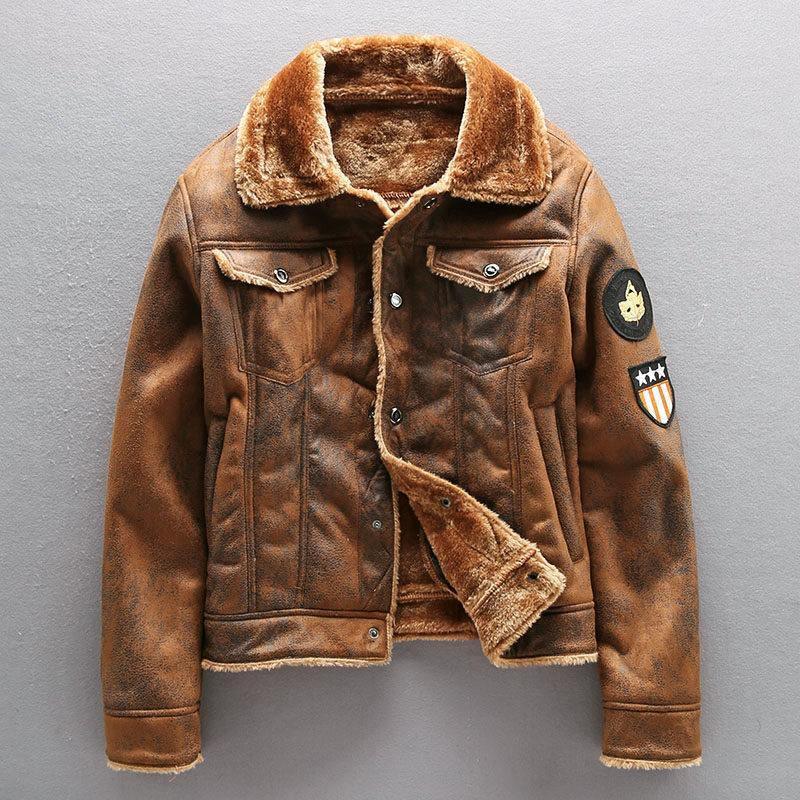 ezy2find men's leather jackets Brown / XL Leather men's plus cashmere motorcycle leather jacket