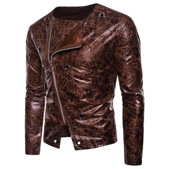 ezy2find men's leather jackets Coffee / M Punk metal rivet crossbody zipper leather men's leather jacket