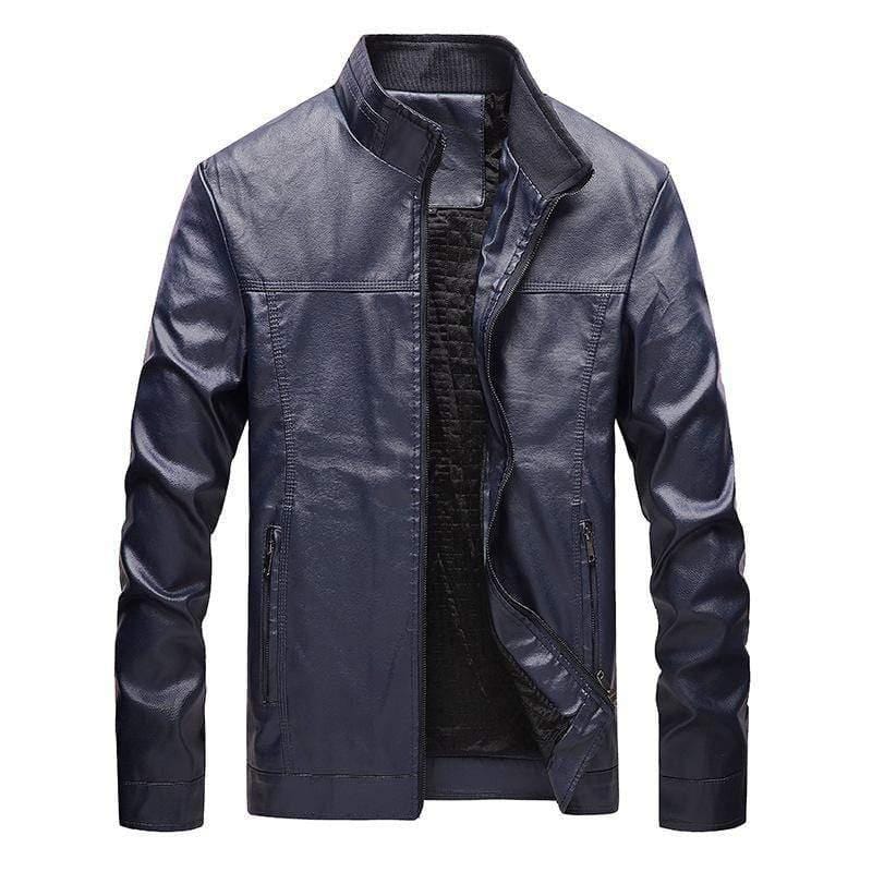 ezy2find men's leather jackets Dark blue / M Stand-up collar solid color large size leather men's jacket