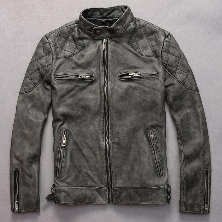 ezy2find men's leather jackets Grey / L Men's distressed stand collar leather jacket