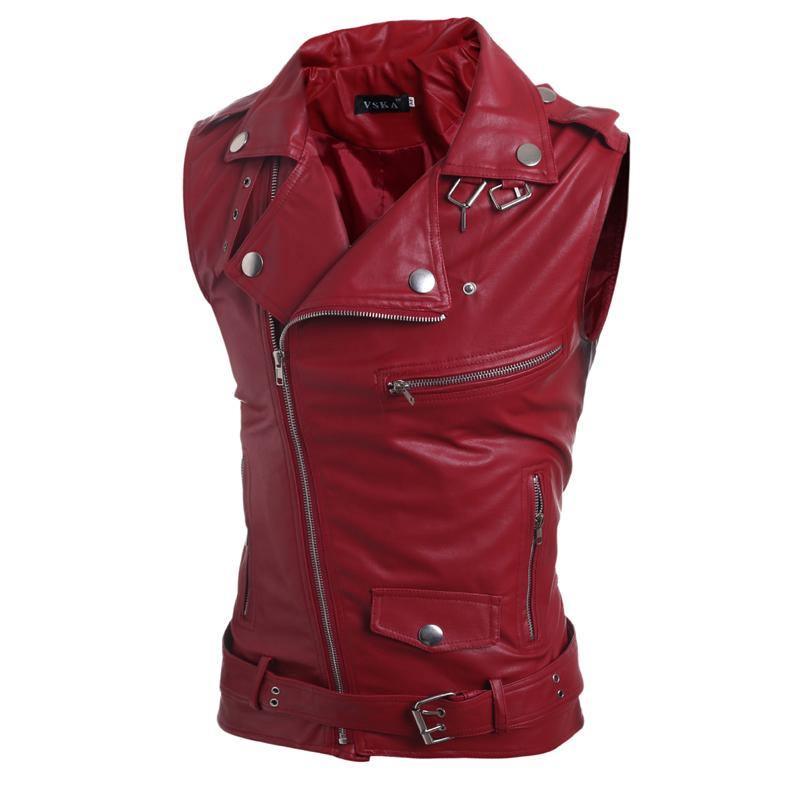 ezy2find men's leather jackets Red / L Zip-fit slim lapel short PU leather vest