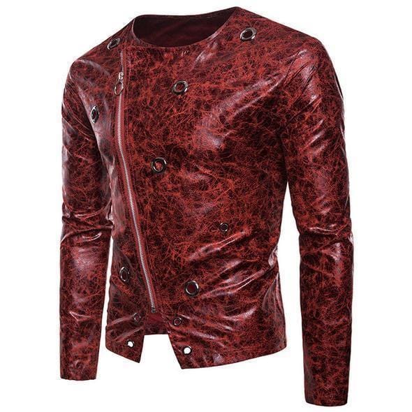 ezy2find men's leather jackets Red / S Punk metal rivet crossbody zipper leather men's leather jacket