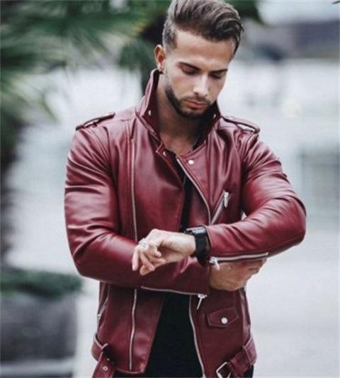 ezy2find men's leather jackets Wine red / M Fashion Slim Thin High Collar Stitching Motorcycle Leather Jacket