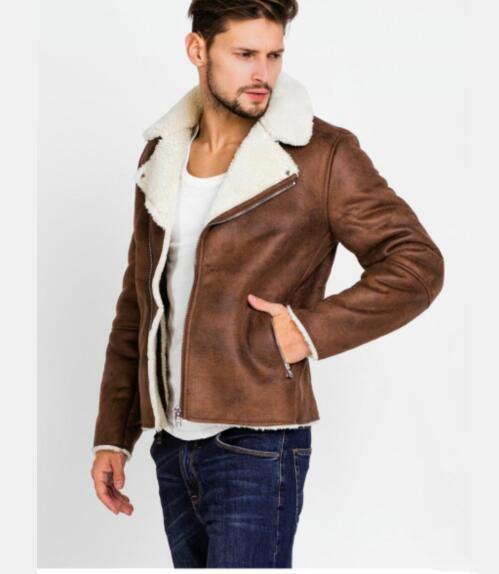 ezy2find men's leather jackets XL / Brown Faux Fur Collar Faux Leather Jacket