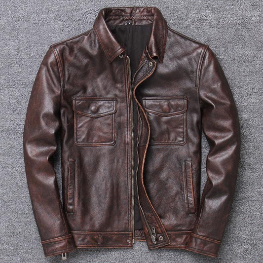 ezy2find mens leather jackets Brown / 3XL Vintage stone mill to make old leather coat